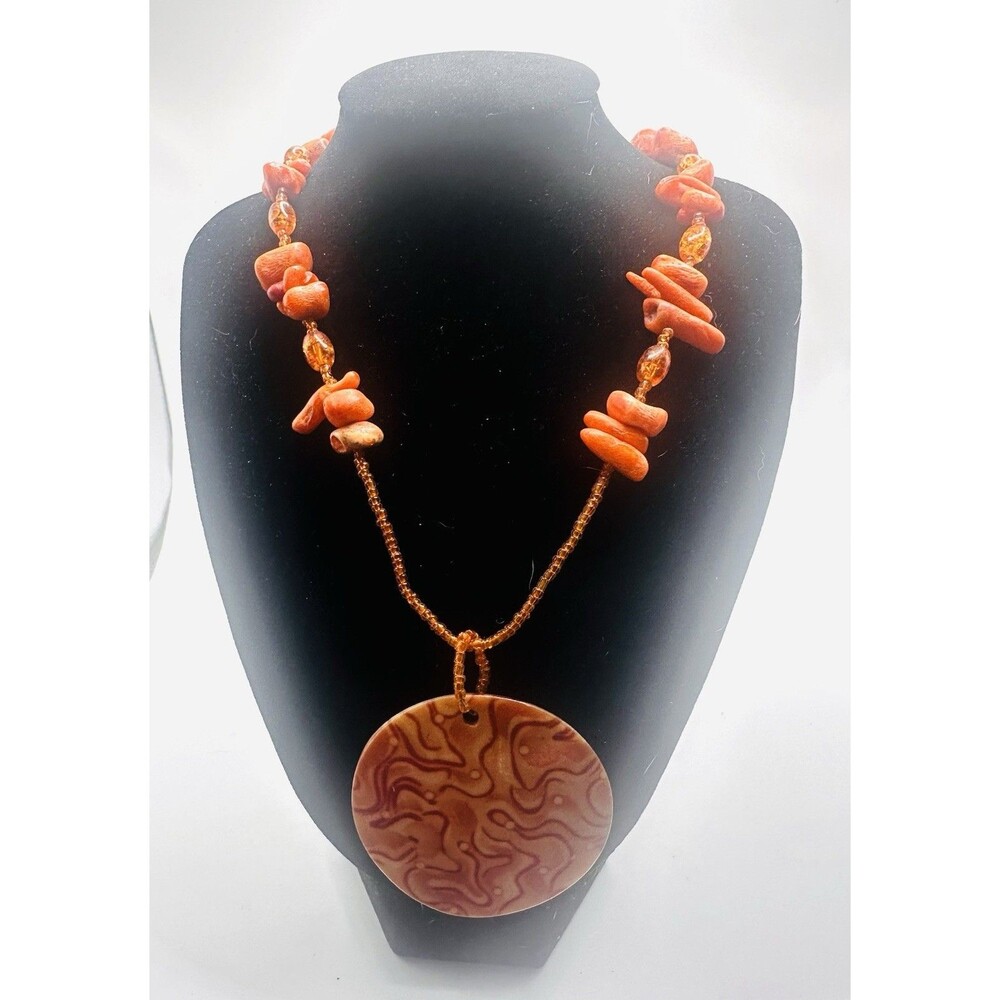 Vintage Boho Statement Necklace Coral Tone Chip Beads Large Round Shell Pendant